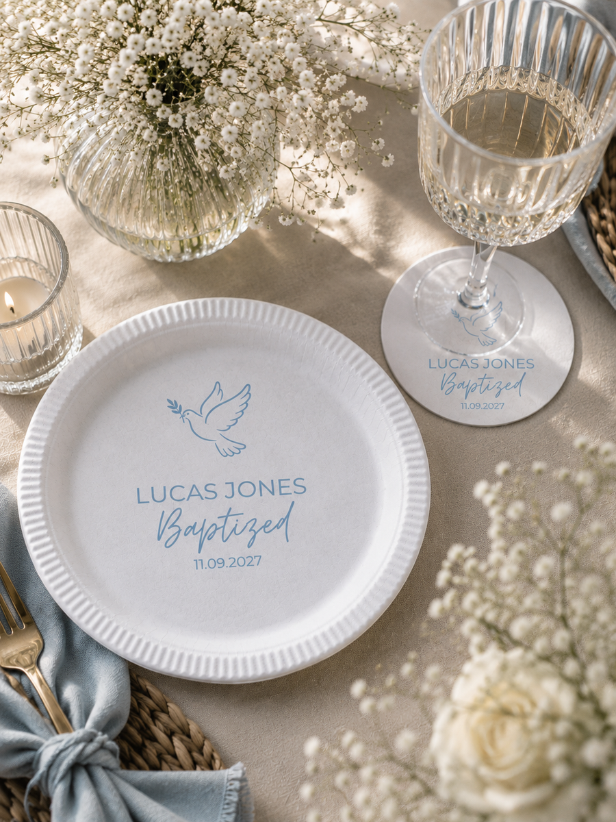 Blue Outline Cross | Name & Date | Personalized Baptism Plates