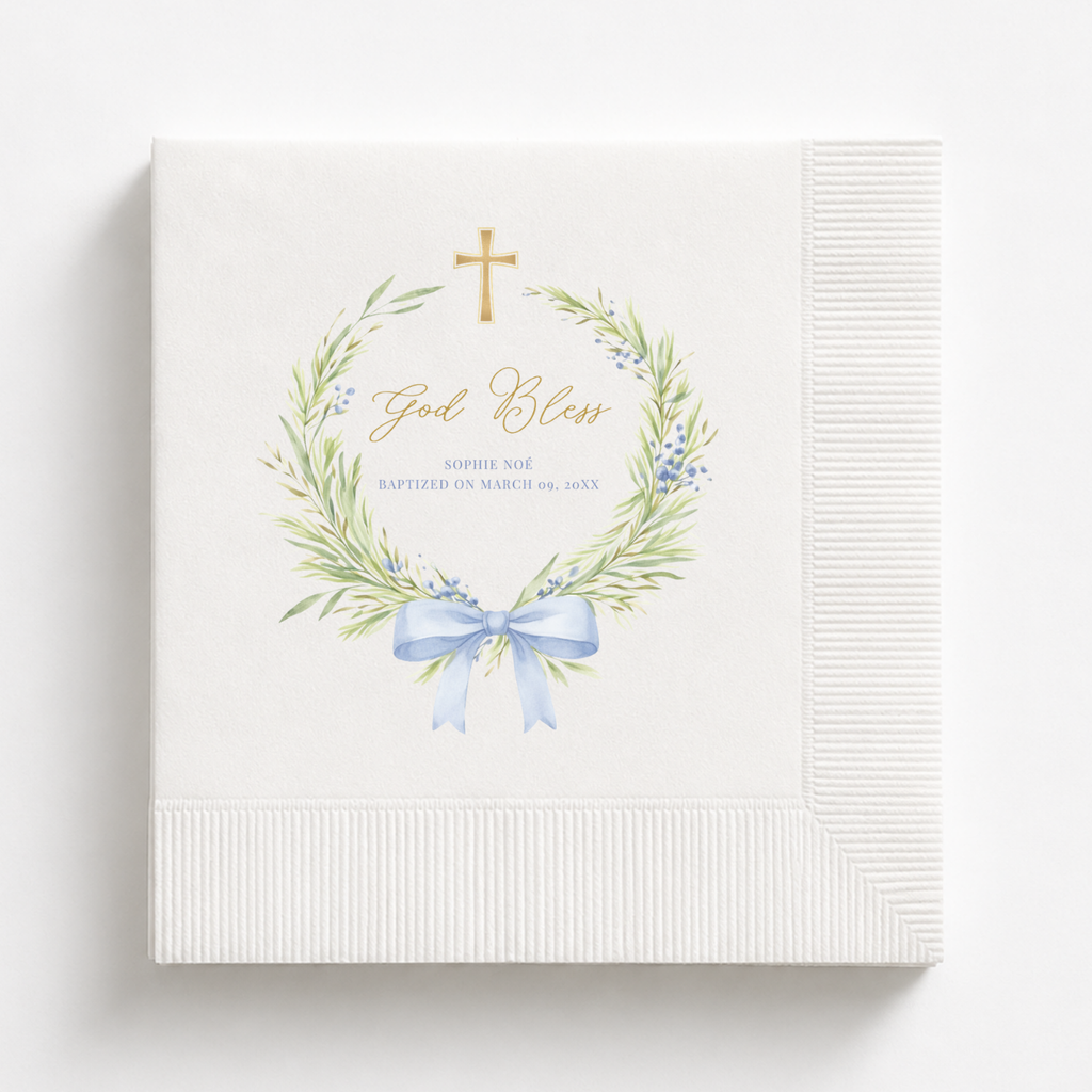 Greenery Wreath & Bow | Name & Date | Personalized Baptism Napkins