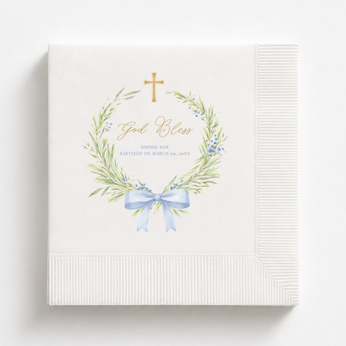 Greenery Wreath & Bow | Name & Date | Personalized Baptism Napkins