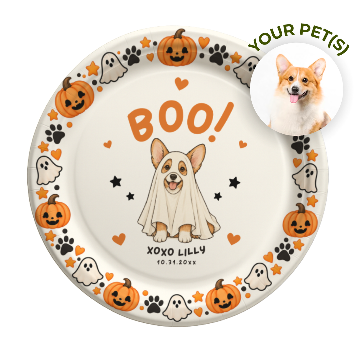Boo ghost dog Halloween paper plates with a corgi in a ghost costume under an orange BOO