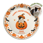 Meow-loween cat Halloween paper plates with a cat peeking out of a jack-o-lantern under Happy Meow-loween