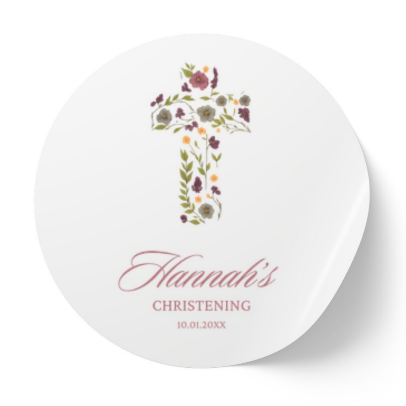 Floral Cross Christening | Name & Date | Personalized Baptism Stickers