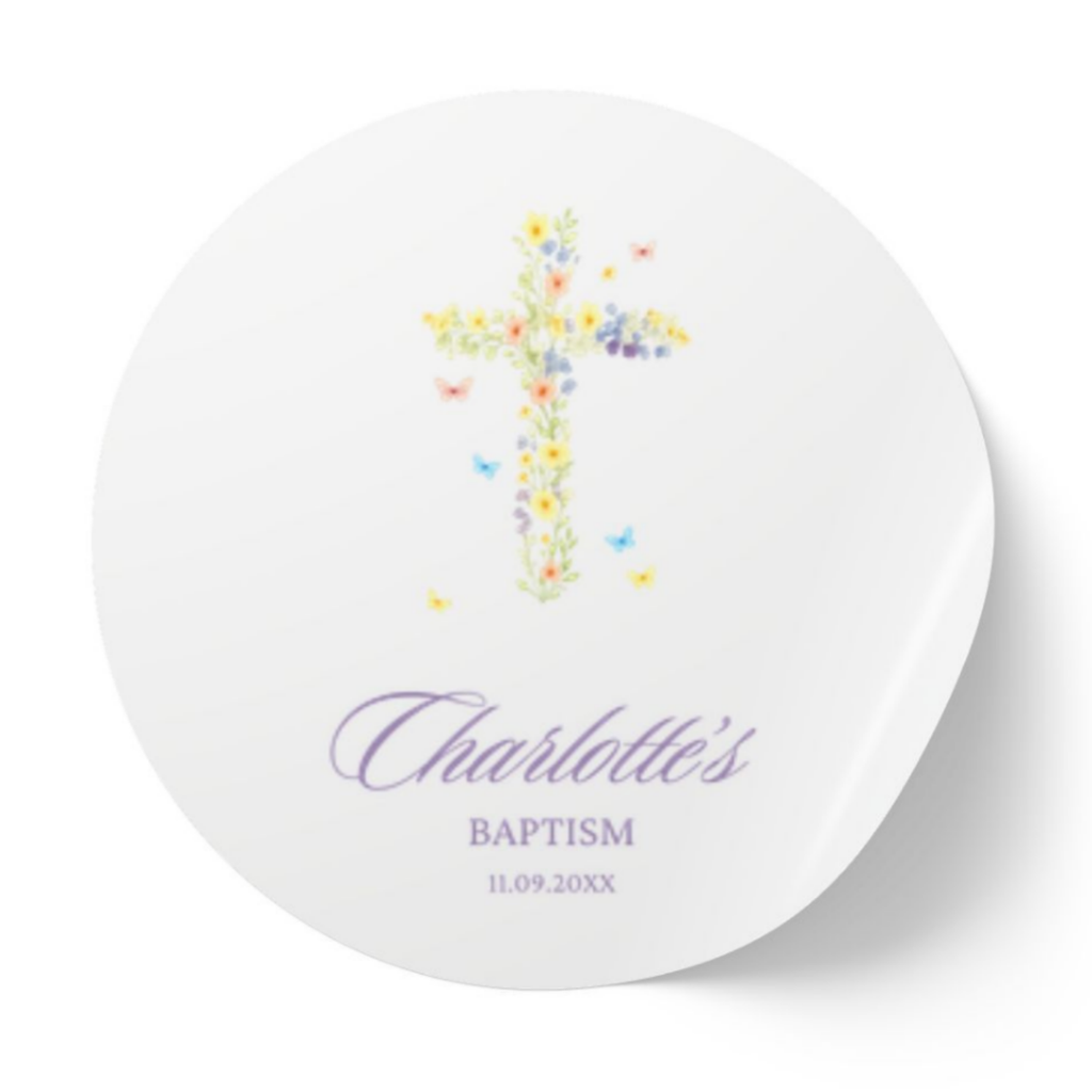 Wildflower Cross & Butterflies | Name & Date | Personalized Baptism Stickers