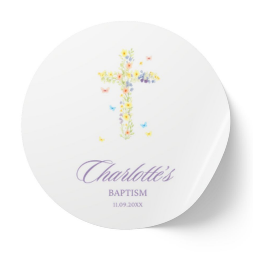 Wildflower Cross & Butterflies | Name & Date | Personalized Baptism Stickers