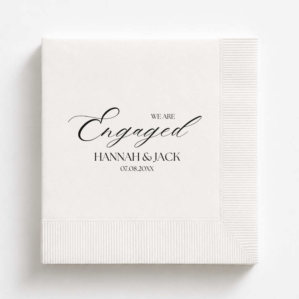 We Are Engaged Calligraphy engagement napkins personalized with names and date