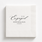 We Are Engaged Calligraphy engagement napkins personalized with names and date