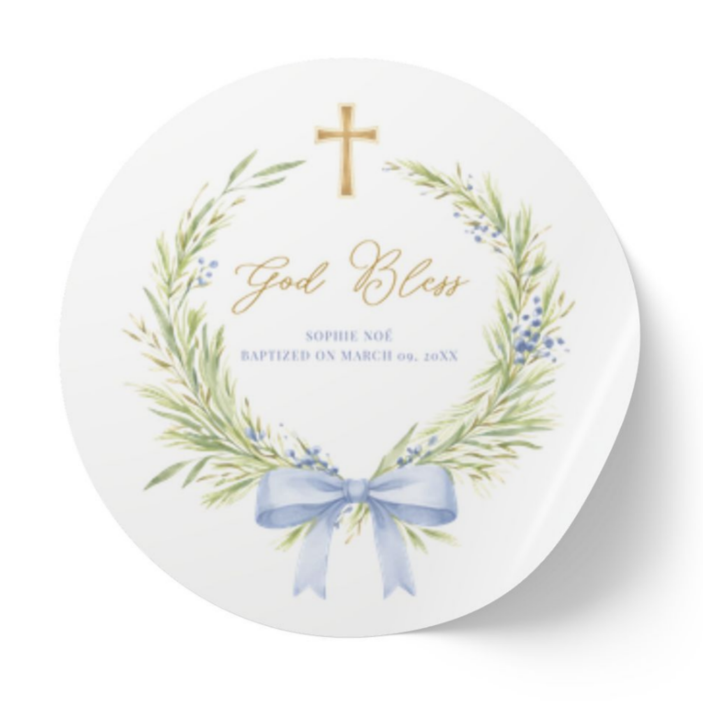 Greenery Wreath & Bow | Name & Date | Personalized Baptism Stickers
