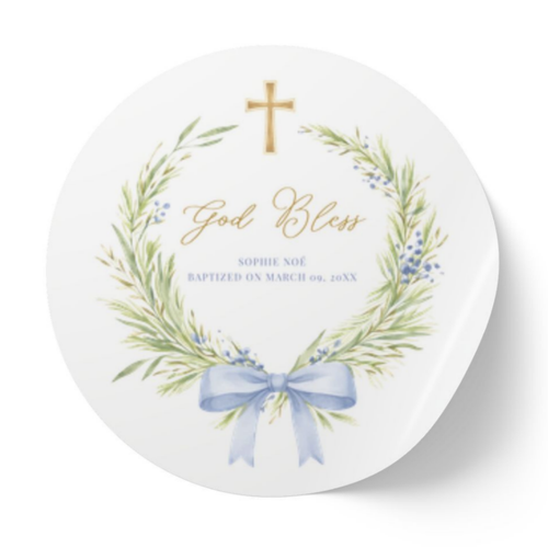 Greenery Wreath & Bow | Name & Date | Personalized Baptism Stickers