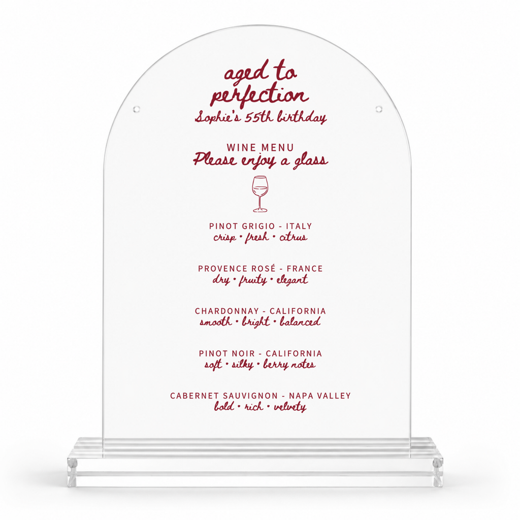 Aged to Perfection wine menu birthday bar sign with wine list and tasting notes, in an acrylic dome