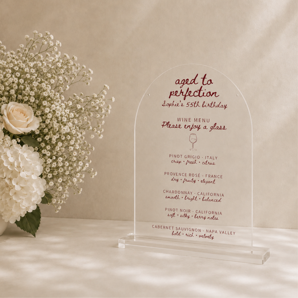 Clear acrylic birthday bar sign with the Aged to Perfection wine menu design
