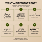 Font chart for the custom Aged to Perfection wine menu birthday bar sign, six numbered font options to choose from