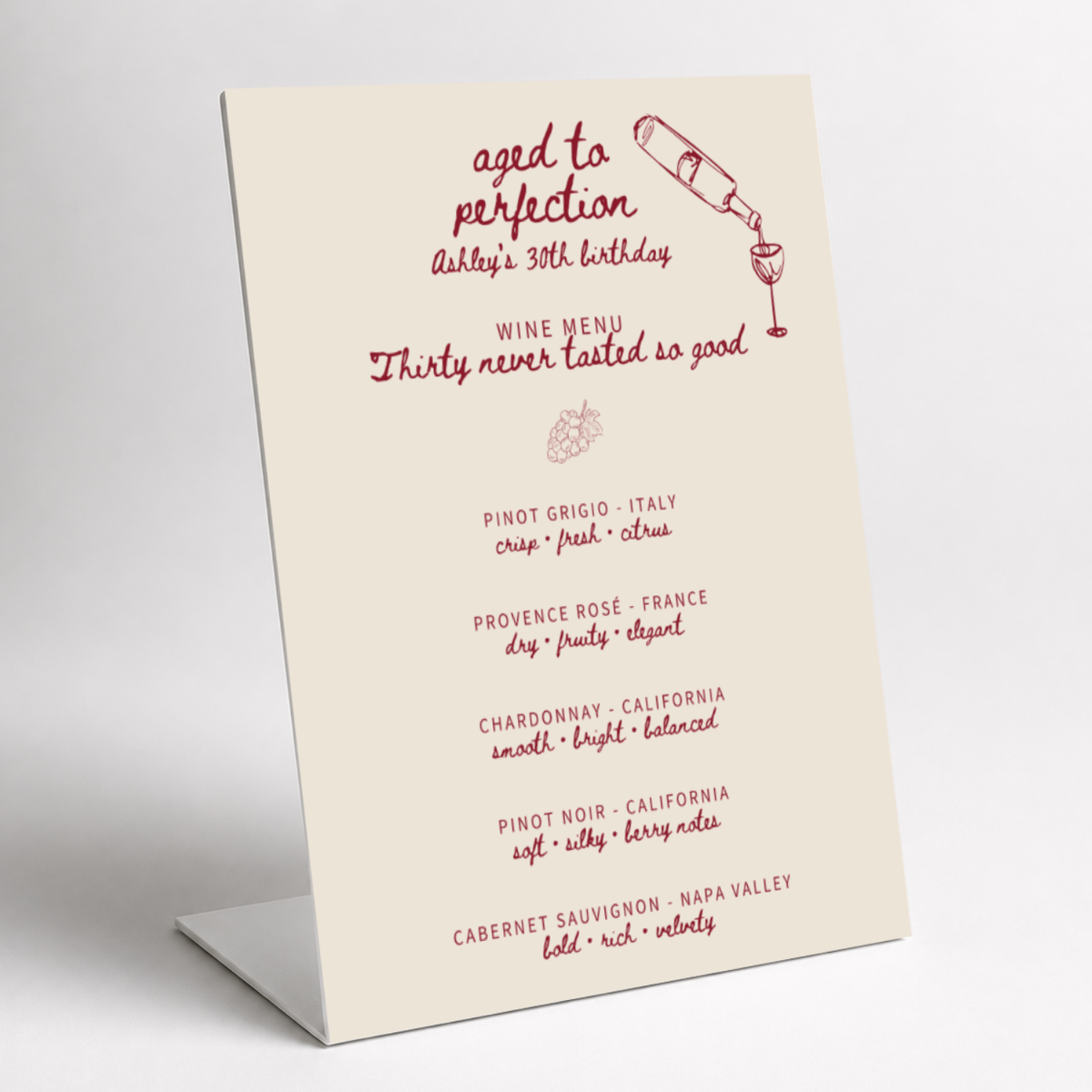 Aged to Perfection wine menu birthday bar sign with wine list and tasting notes, as a pedestal sign