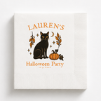 Black cat Halloween napkins with a pumpkin, crescent moon and autumn branches in orange