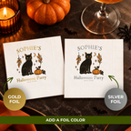 Personalized Halloween paper napkins with the black cat, pumpkin and crescent moon in an autumn border