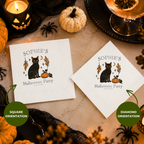 Personalized fall napkins with the black cat, pumpkin and crescent moon in an autumn border