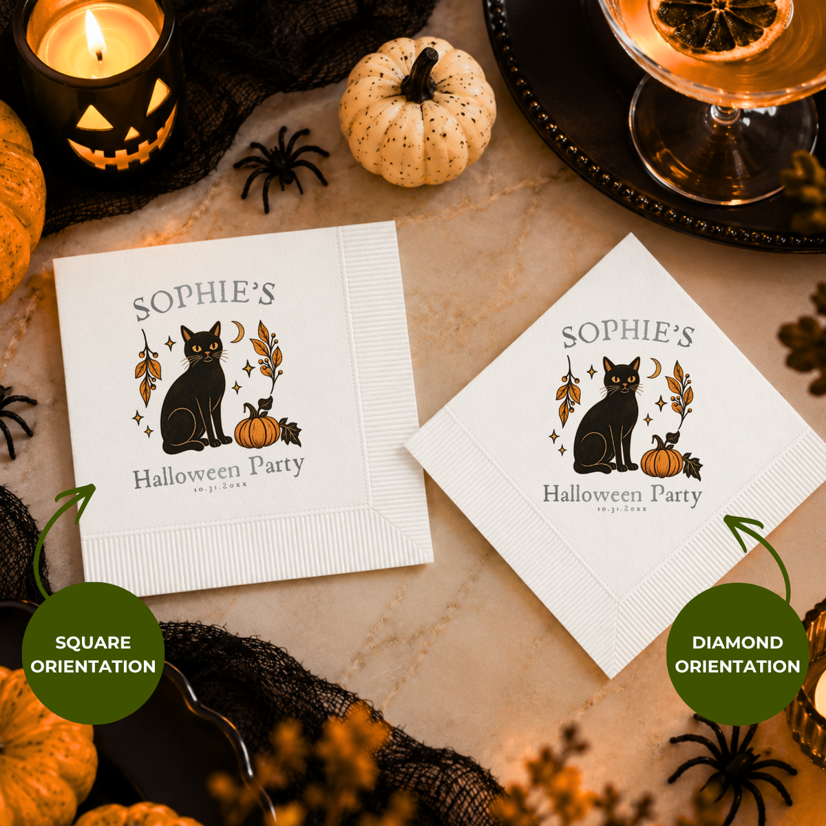 Personalized fall napkins with the black cat, pumpkin and crescent moon in an autumn border