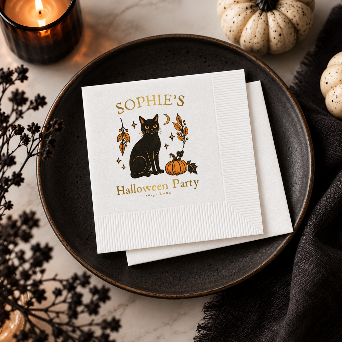 Custom black cat Halloween napkins printed in the USA, black cat pumpkin design