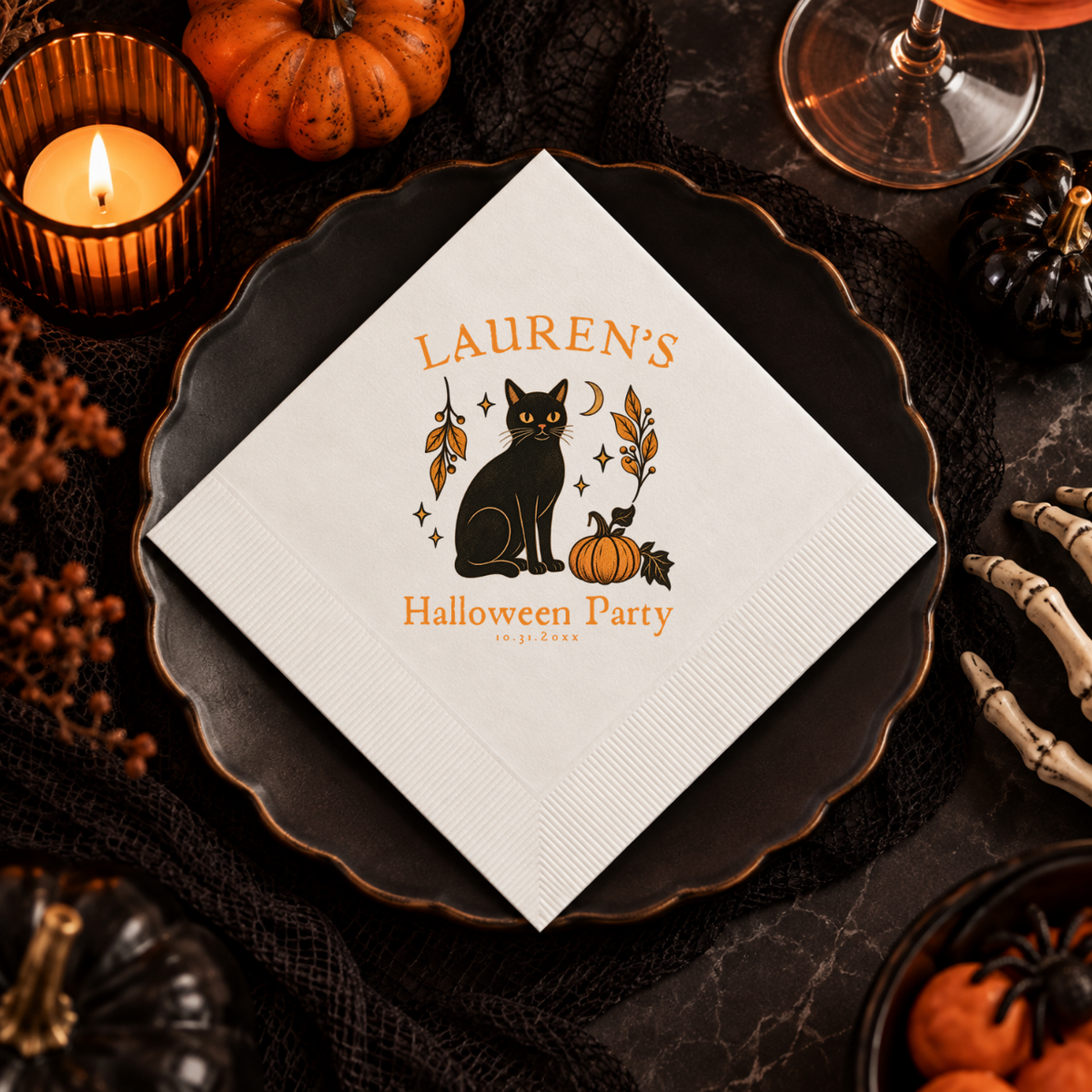 Personalized black cat Halloween napkins with the black cat pumpkin design, in cocktail, luncheon and guest towel sizes