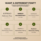 Font chart with the font options for the personalized black cat pumpkin Halloween napkins