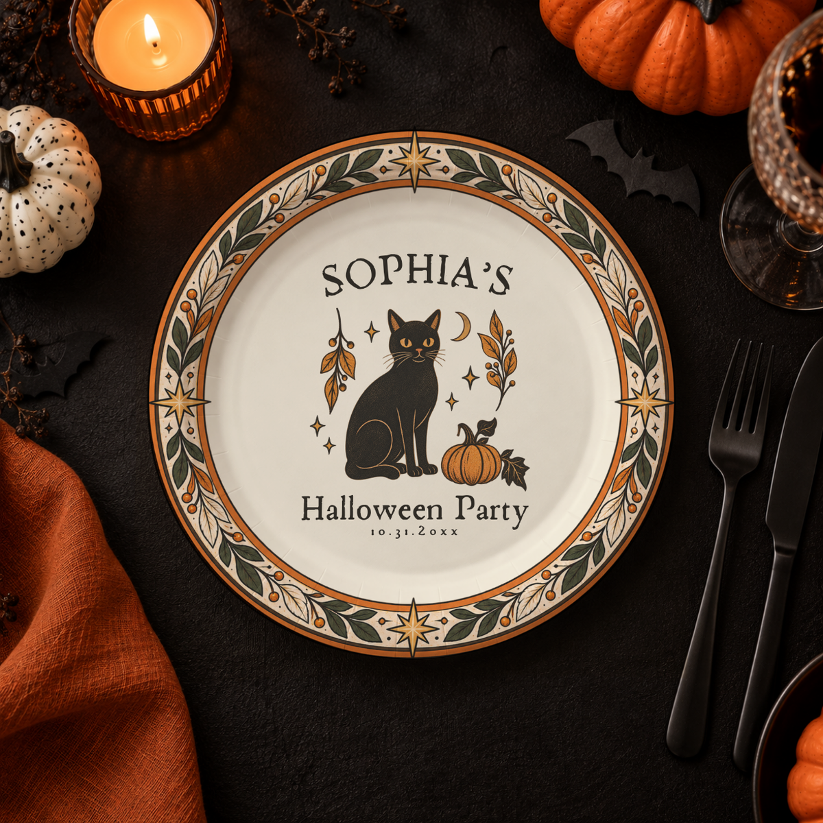 Custom black cat halloween paper plates for a Halloween party, black cat and pumpkin inside a folk-art leaf border