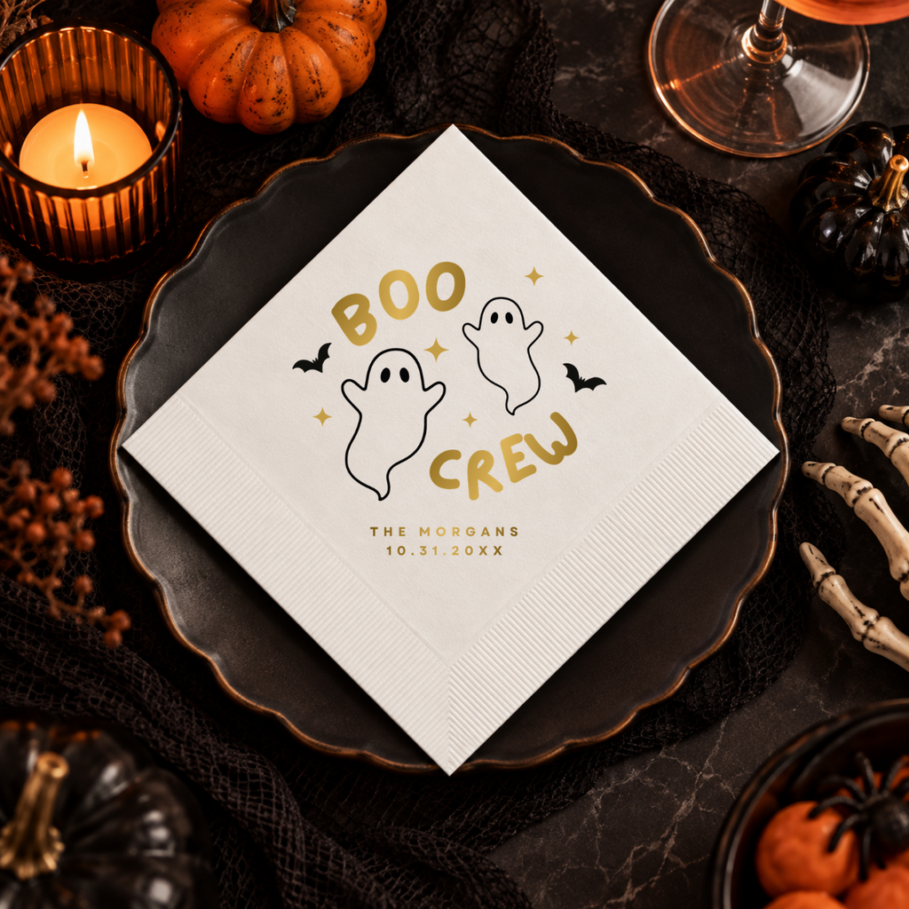Custom ghost napkins printed in the USA, Boo Crew ghost design