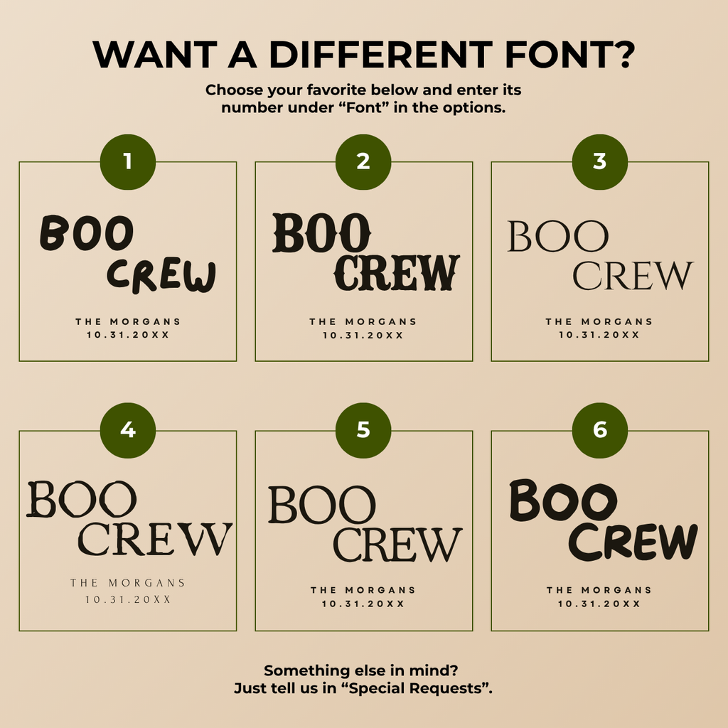 Font chart with the font options for the personalized Boo Crew ghost napkins