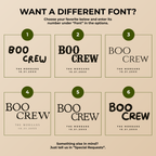 Font chart with the font options for the personalized Boo Crew ghost napkins
