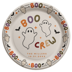Personalized Boo Crew Halloween paper plate with two ghosts and retro multicolor lettering, family name and date