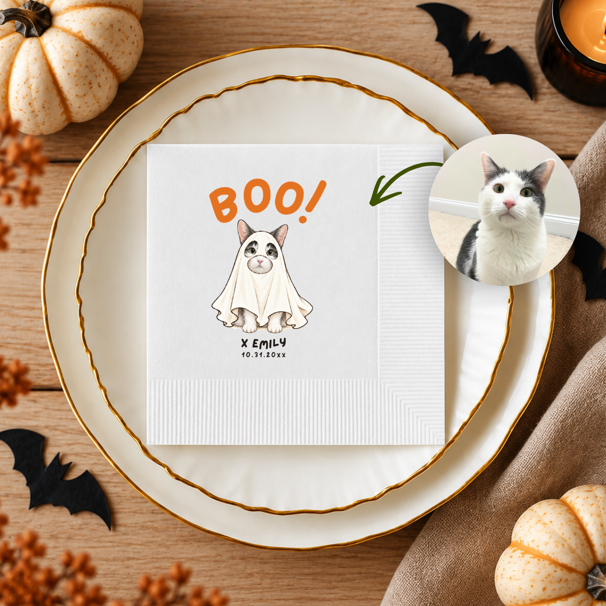Boo ghost dog Halloween napkins personalized with a pet name and party date