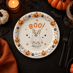 Halloween paper plates with a ghost dog personalized with your name, the corgi in a ghost costume under an orange BOO
