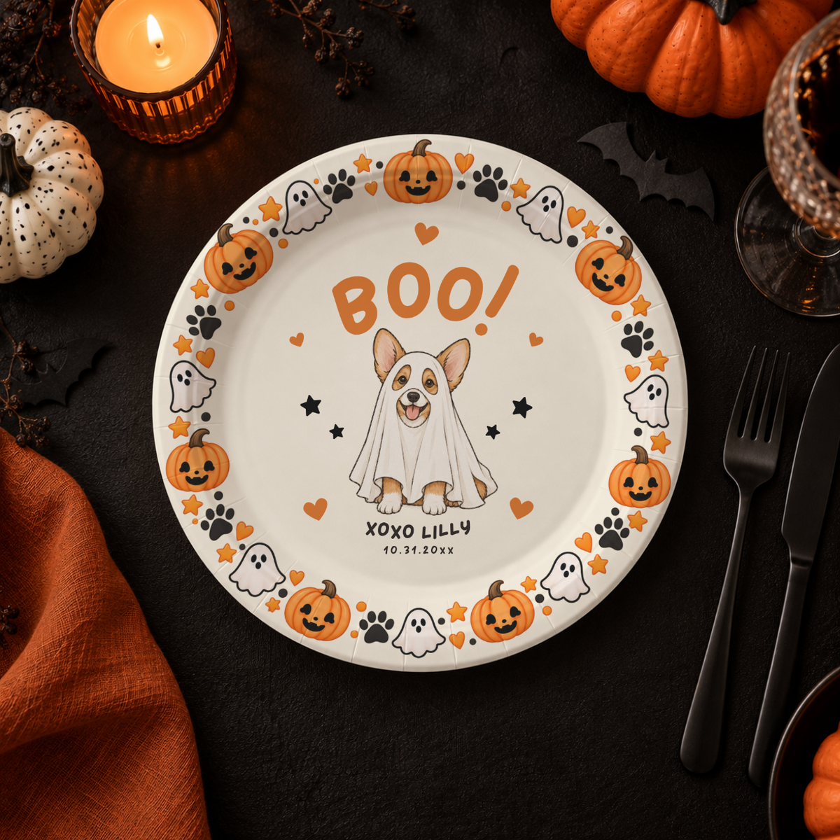 Halloween paper plates with a ghost dog personalized with your name, the corgi in a ghost costume under an orange BOO