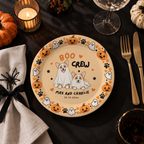Custom halloween paper plates with a ghost dog for a Halloween party, corgi in a ghost costume under an orange BOO