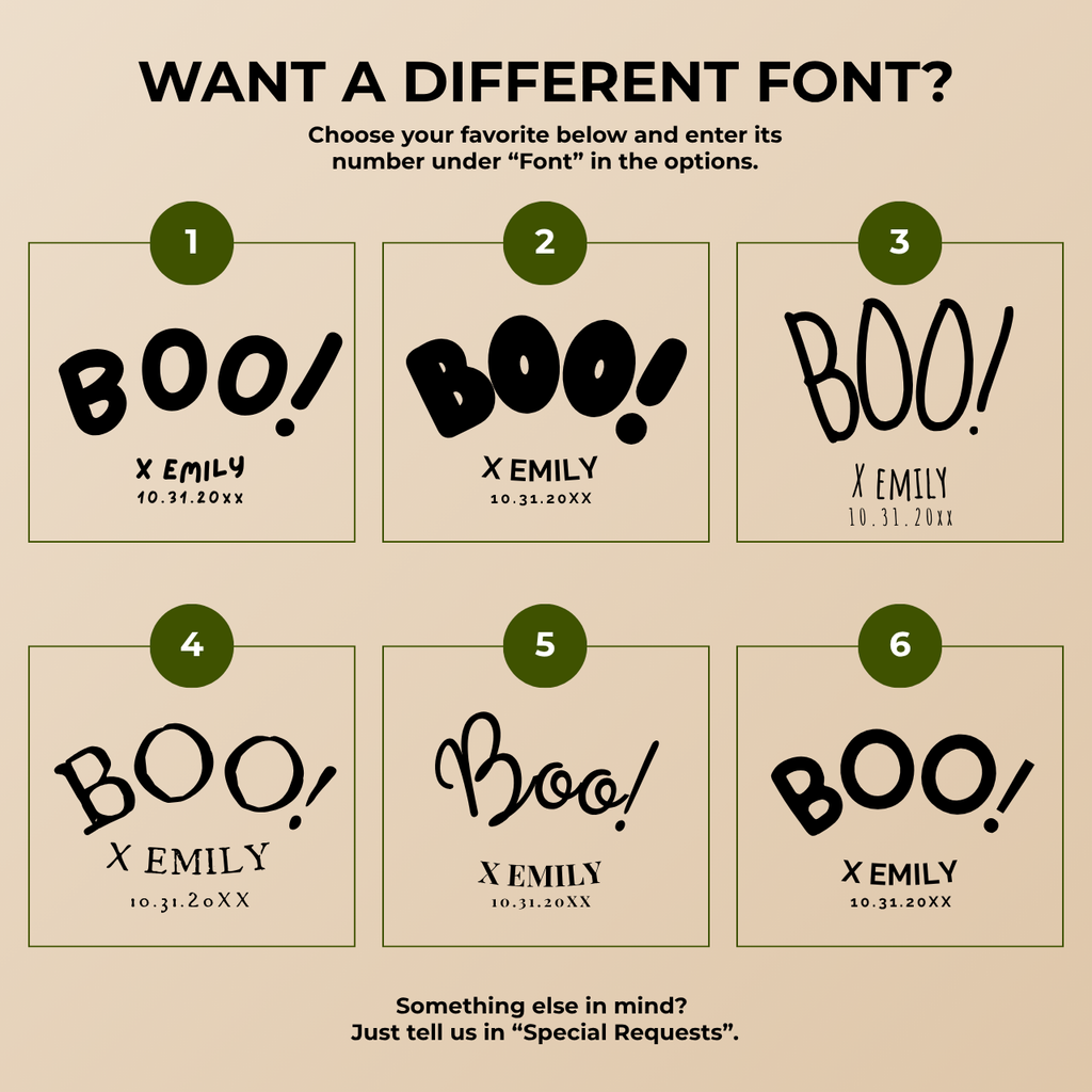Font chart with six font options for the personalized Boo ghost dog Halloween paper plates