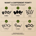 Font chart with six font options for the personalized Boo ghost dog Halloween paper plates