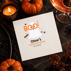 Kids Halloween napkins personalized with your name and date, friendly ghost peeking through BOO with candy and stars