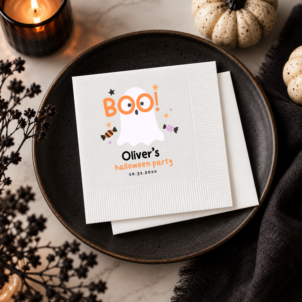 Boo ghost kids Halloween cocktail napkins with custom wording