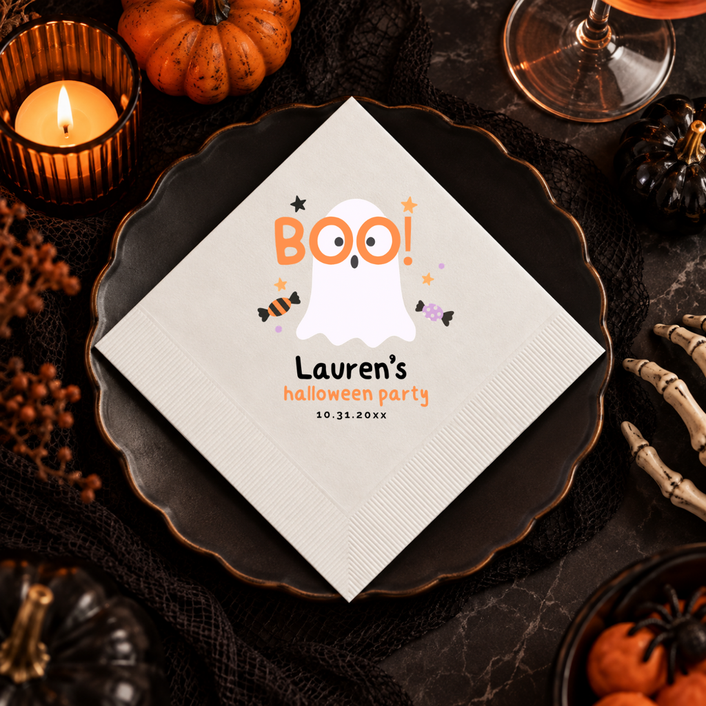 Custom kids Halloween napkins printed in the USA, Boo ghost kids design