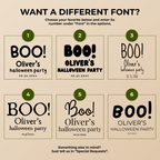 Font chart with the font options for the personalized Boo ghost kids Halloween napkins