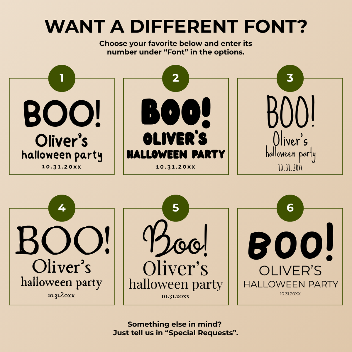 Font chart with the font options for the personalized Boo ghost kids Halloween napkins