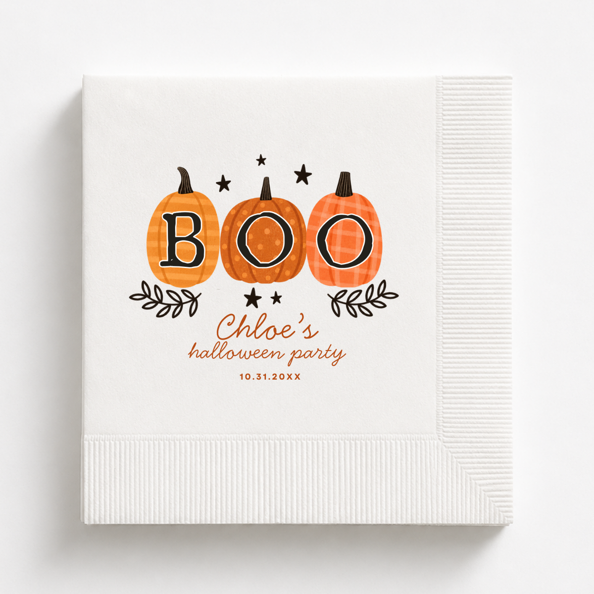 Boo pumpkin Halloween napkins with three patterned pumpkins spelling BOO