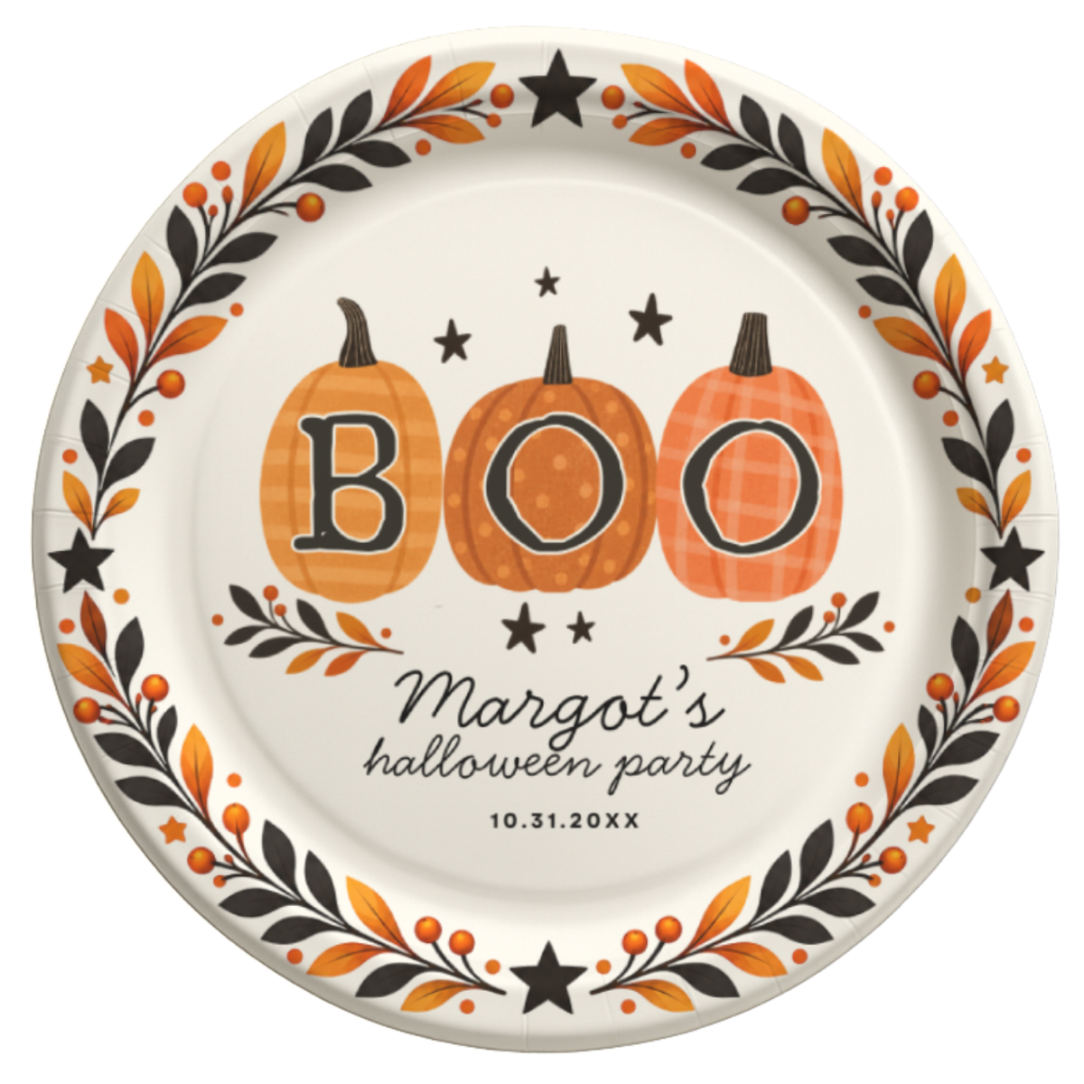 Personalized Halloween party paper plate with three patterned pumpkins spelling BOO inside an autumn leaf wreath, name and date