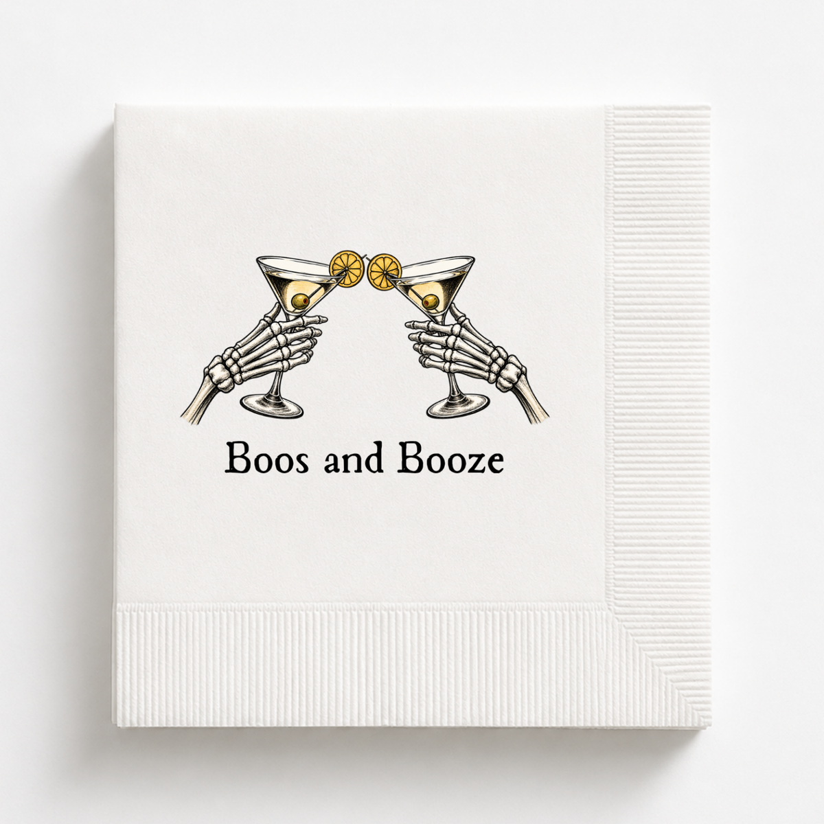 Boos and Booze Halloween napkins with two skeleton hands toasting martinis
