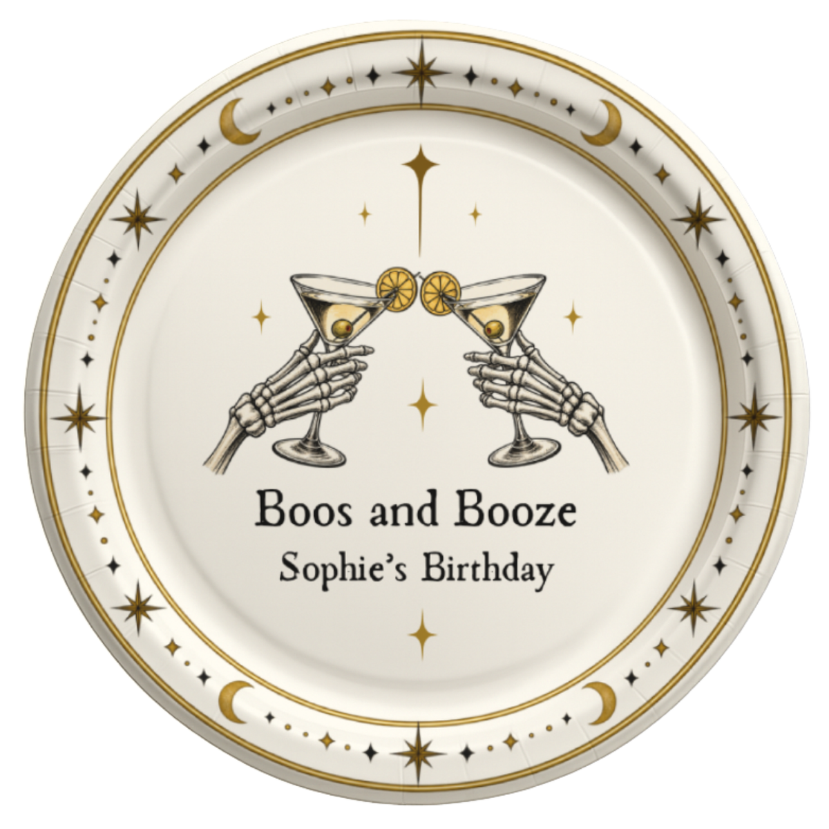 Personalized Boos and Booze Halloween paper plate with two skeleton hands clinking martinis, birthday name below