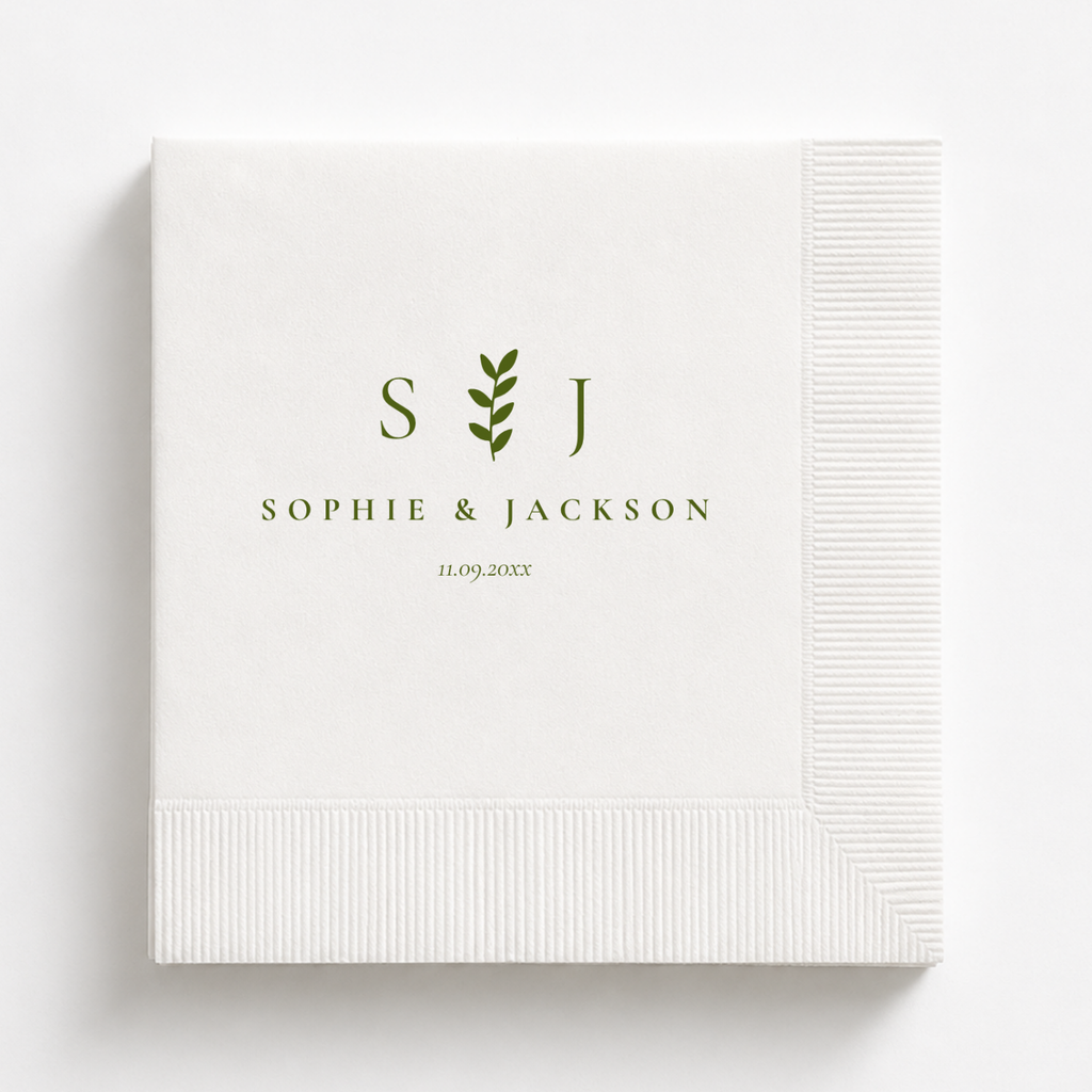 Botanical Monogram wedding napkin with initials in a greenery wreath