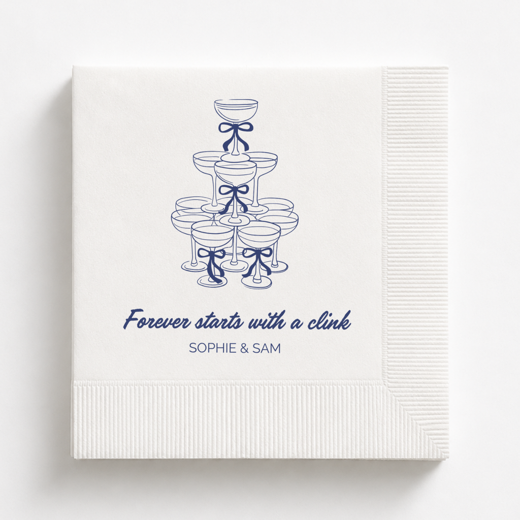 Champagne Tower wedding napkin with names and date