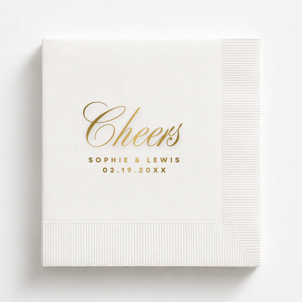 Cheers Classic Script wedding napkin with names and date