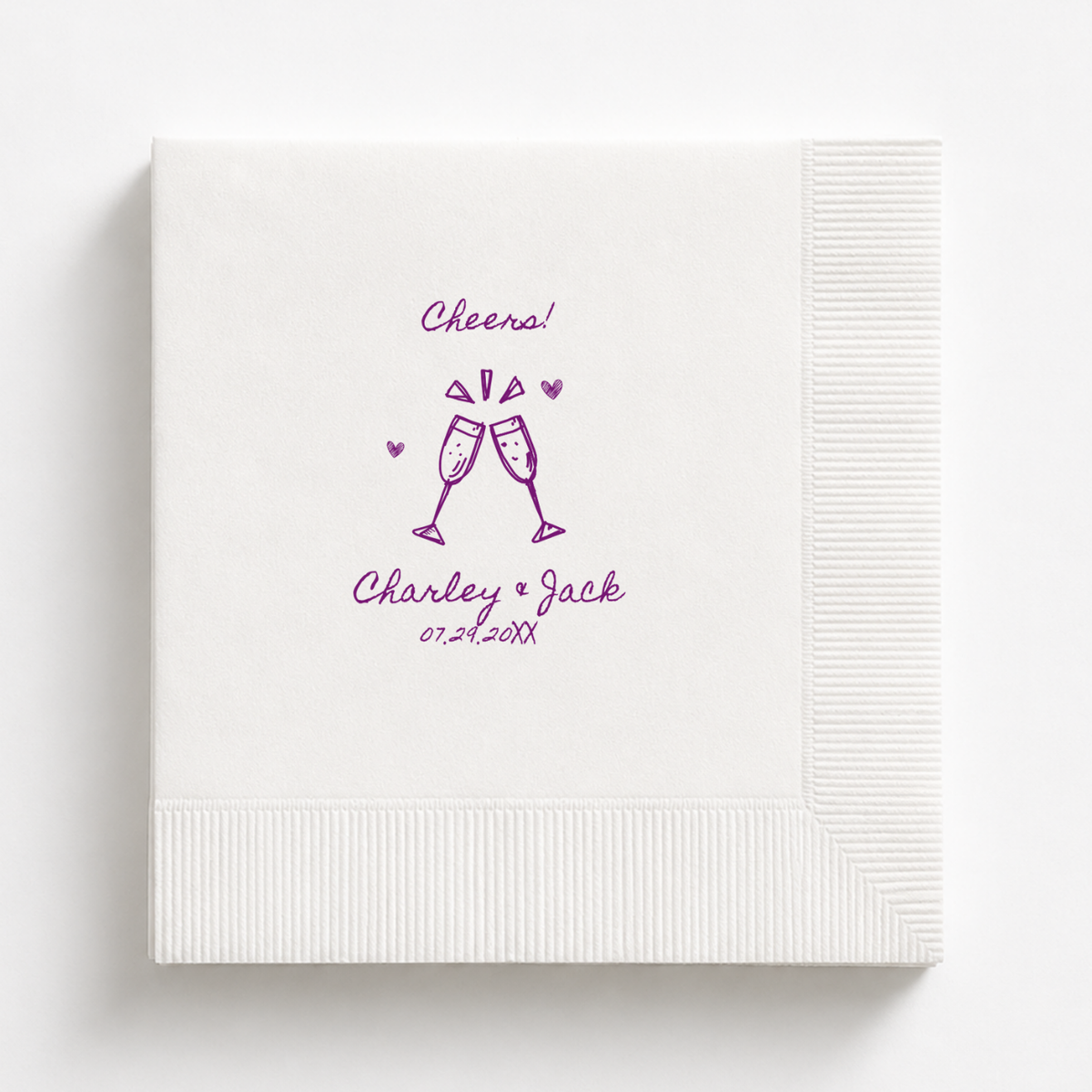 Cheers Clinking Champagne Flutes wedding napkin with names and date