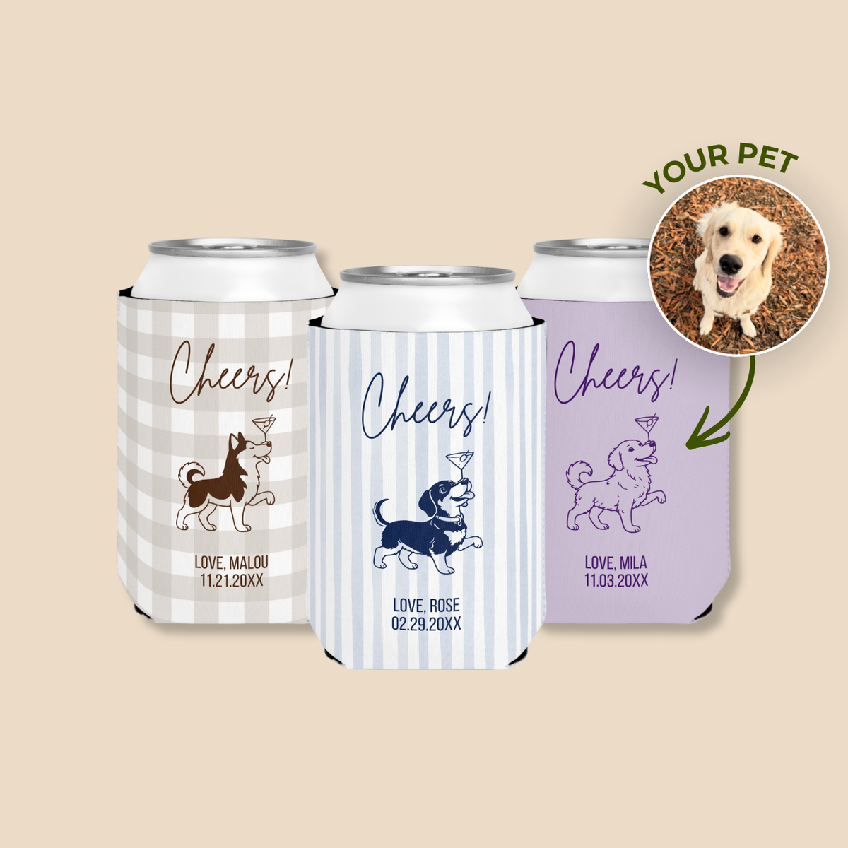 Personalized dog can cooler with a name and date