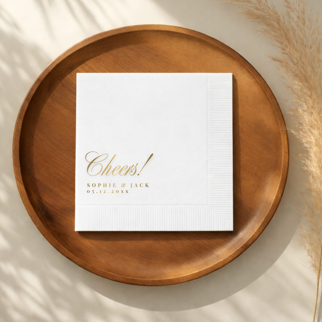 Wedding napkin with Cheers in elegant gold script