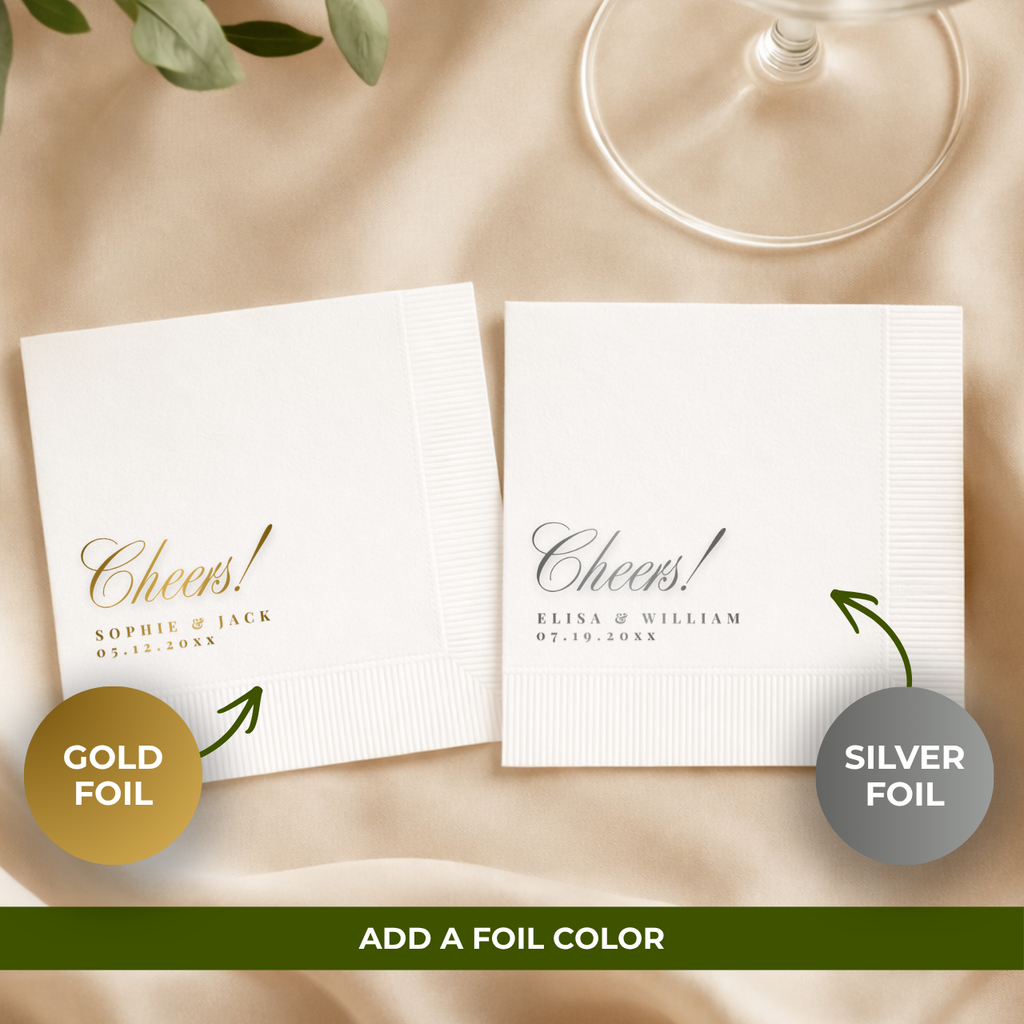 Cheers Elegant Script wedding cocktail napkins for the cocktail hour